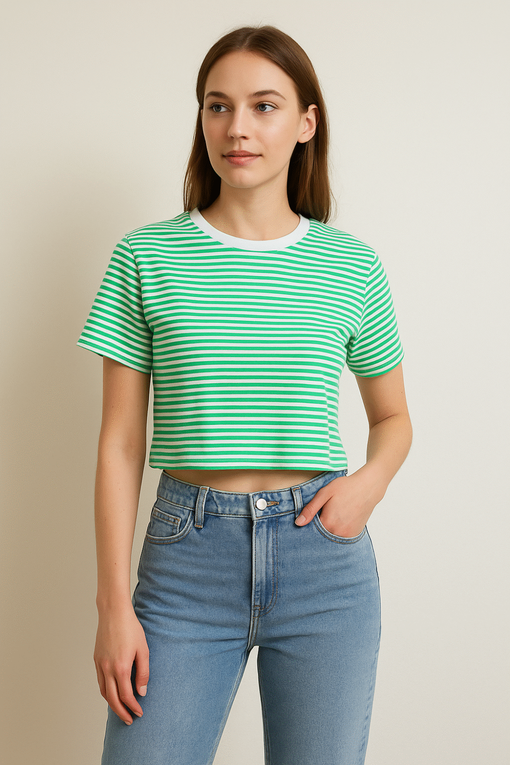 pamučna zelena crop top majica kratkih rukava